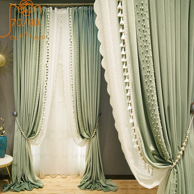 

Mint Green Nail Bead Embroidered Velvet Curtains for Living Room Bedroom French Window Villa Custom Embroidered Window Screen