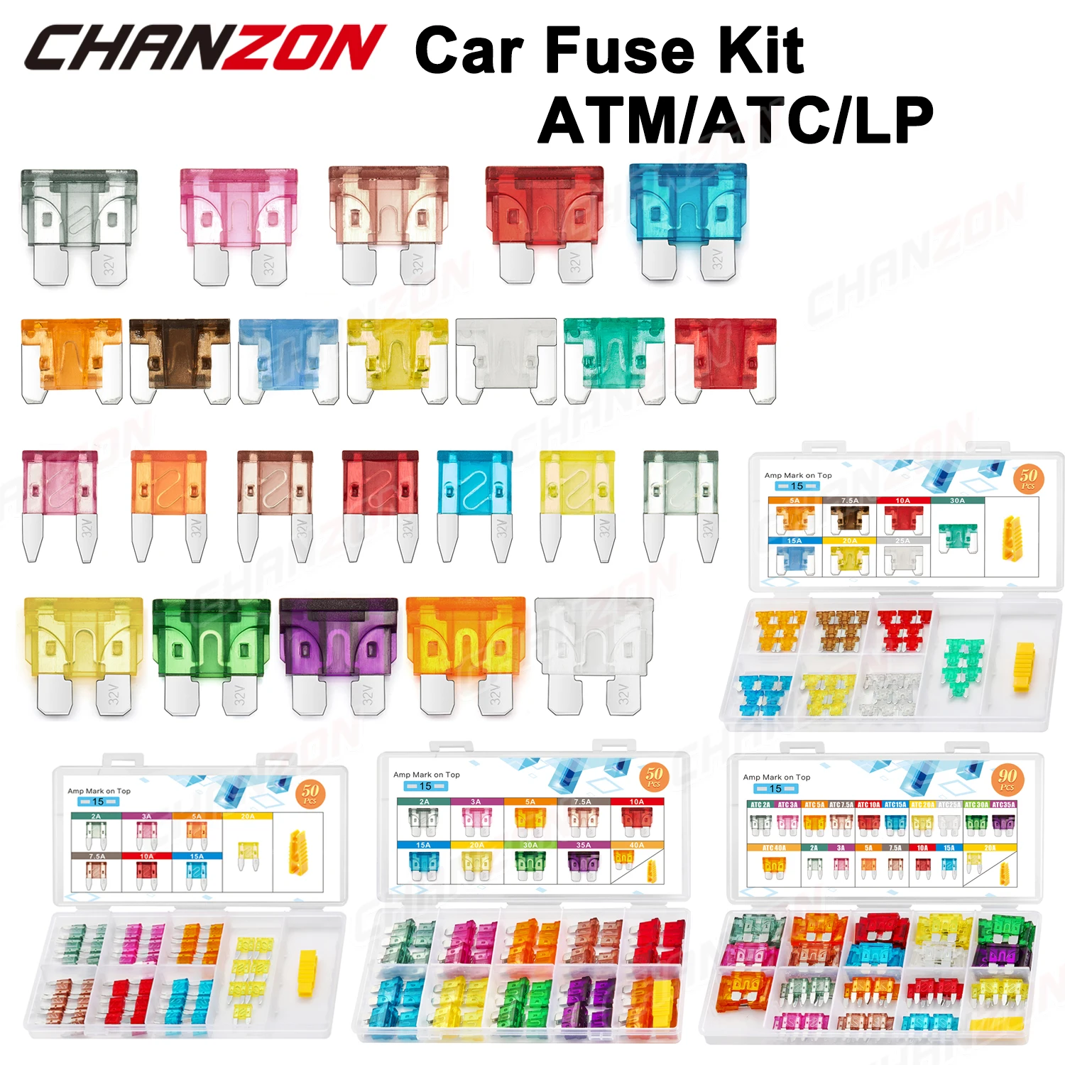 50/90pcs Car Auto Blade Fuse Kit LP Mini Micro ATC ATO ATM 5A 7.5A 10A 15A 20A 25A 30A Automotive Assortment Set for Rv Vehicle