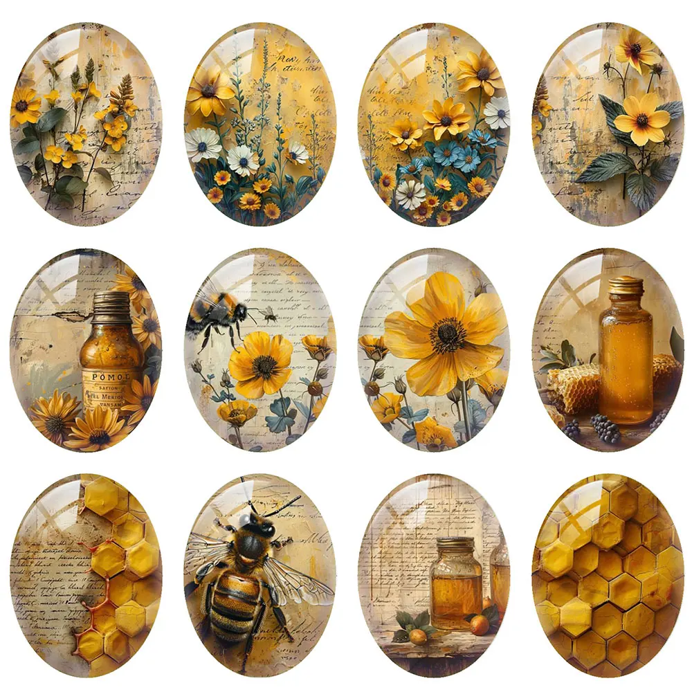 10 шт./лот сотовая пчела желтый цветок овальный фото стеклянный кабошон с плоской