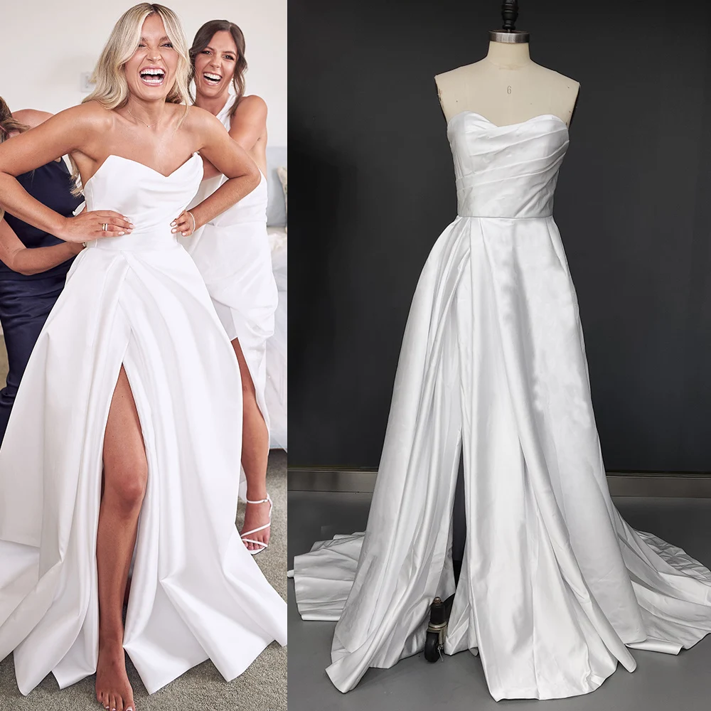 

High Split Satin Strapless Wedding Dress Zipper Sweep Train Ruched Pleats Custom Made Plus Size Simple Sweetheart Bridal Gown