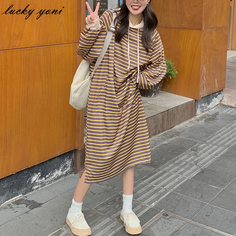 

Yoni Winter Thicken Sweatshirt Dress Women Loose Vintage Striped Hoodie Dresses Female Casual Long Sleeve Split Midi Dress