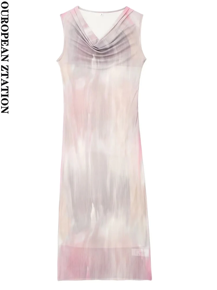 

PAILETE Women 2023 fashion printed tulle midi dress vintage sleeveless side zipper female dresses vestidos mujer