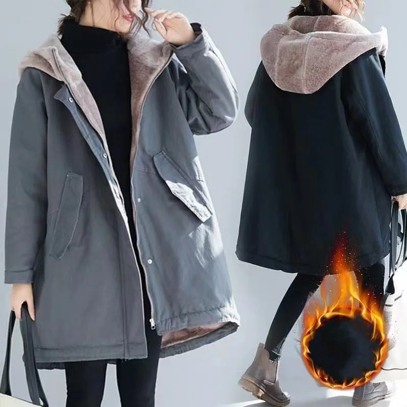 

New Korean Winter 2022 Padded Women Medium Length Hooded Parker Padded Jacket Padded Women's Medium Length Winter Clothes