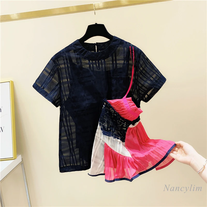 

Женская Асимметричная футболка из органзы, летний топ с кружевными вставками и коротким рукавом, 2022