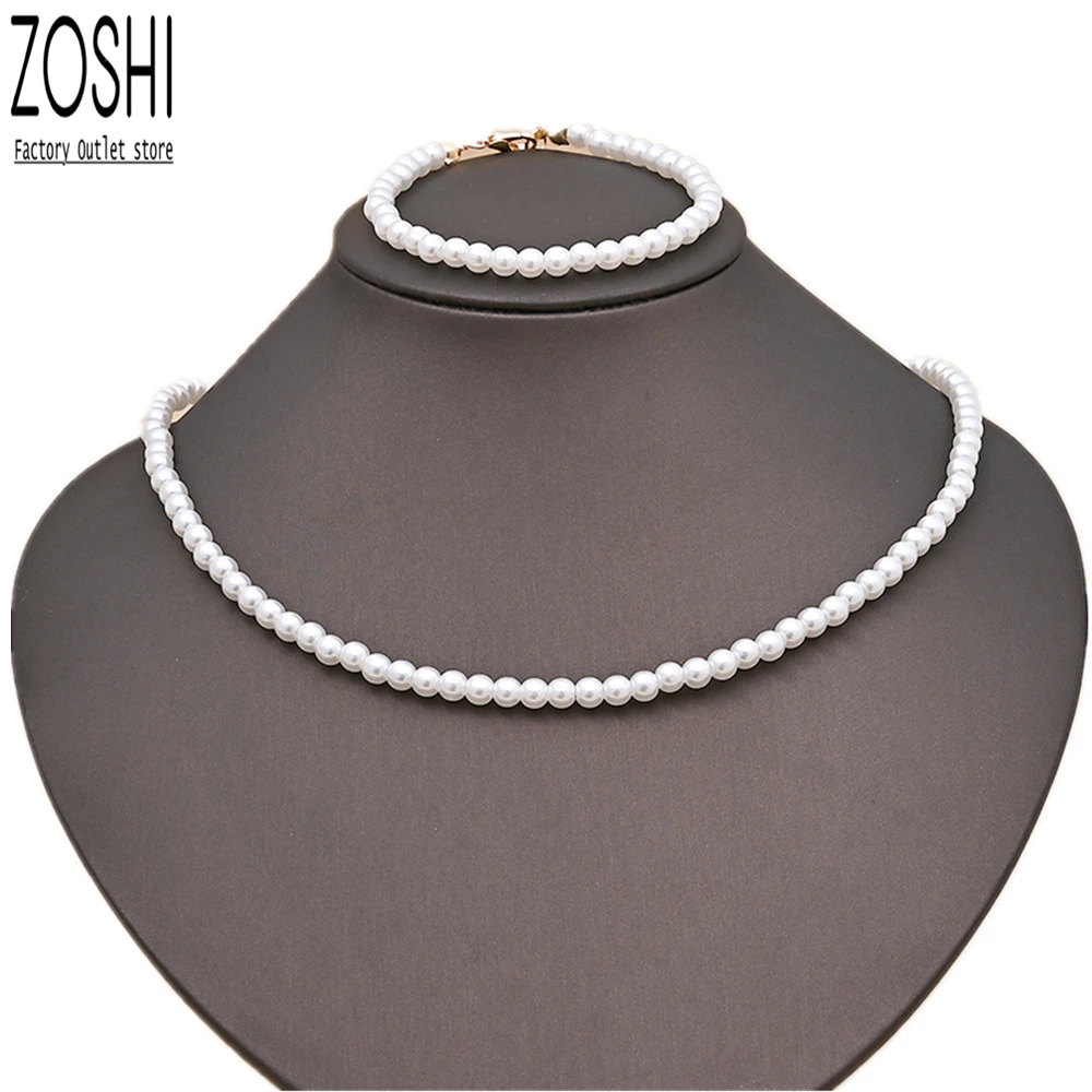 

2022 New Wedding Jewelry Imitation Pearl Simple Necklace Set Matching Bracelet For Women Engagement Party Accessories Gold Color