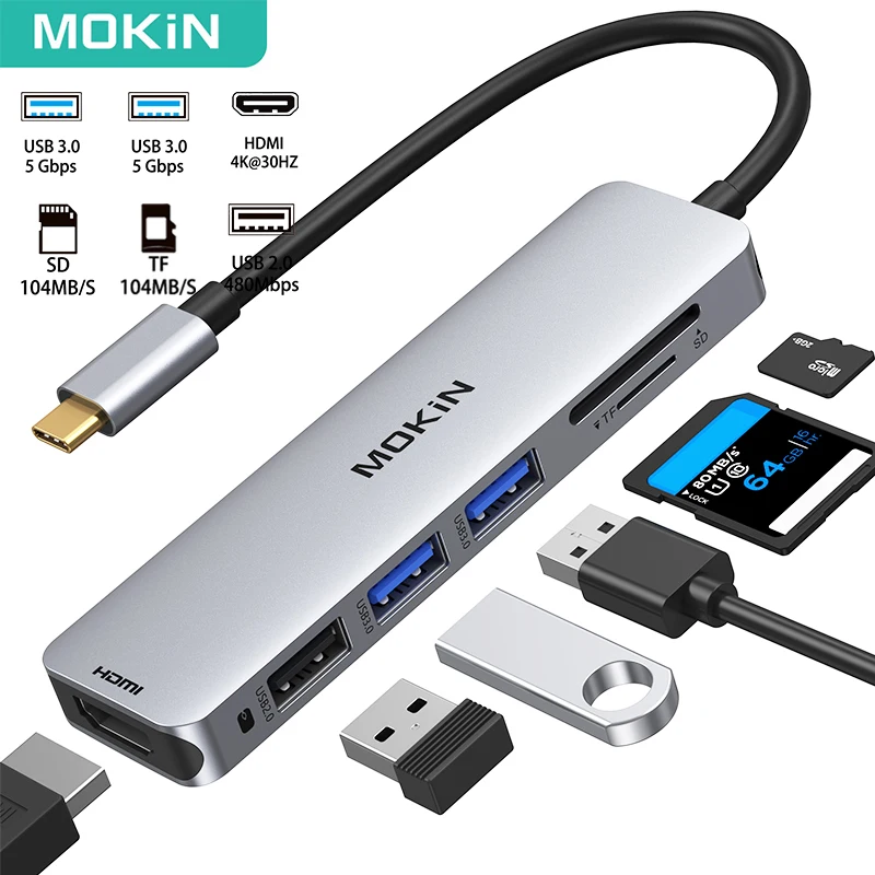 

USB-концентратор MOKiN с разъемами USB Type-C и HDMI, 4K, USB 3,0, кардридер Sd/TF, аксессуары для ПК, док-станция для Mac Book Pro, iPad Pro