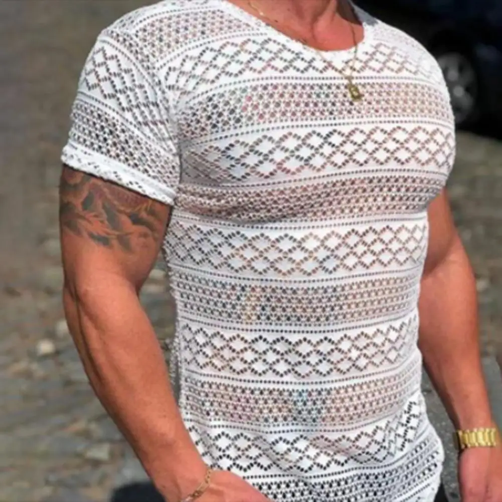 

Men T-shirt Tshirt Tops Summer Mens Short Sleeves Lace Slim Fit Geometric Hollow Out Summer T Shirt Men Tops