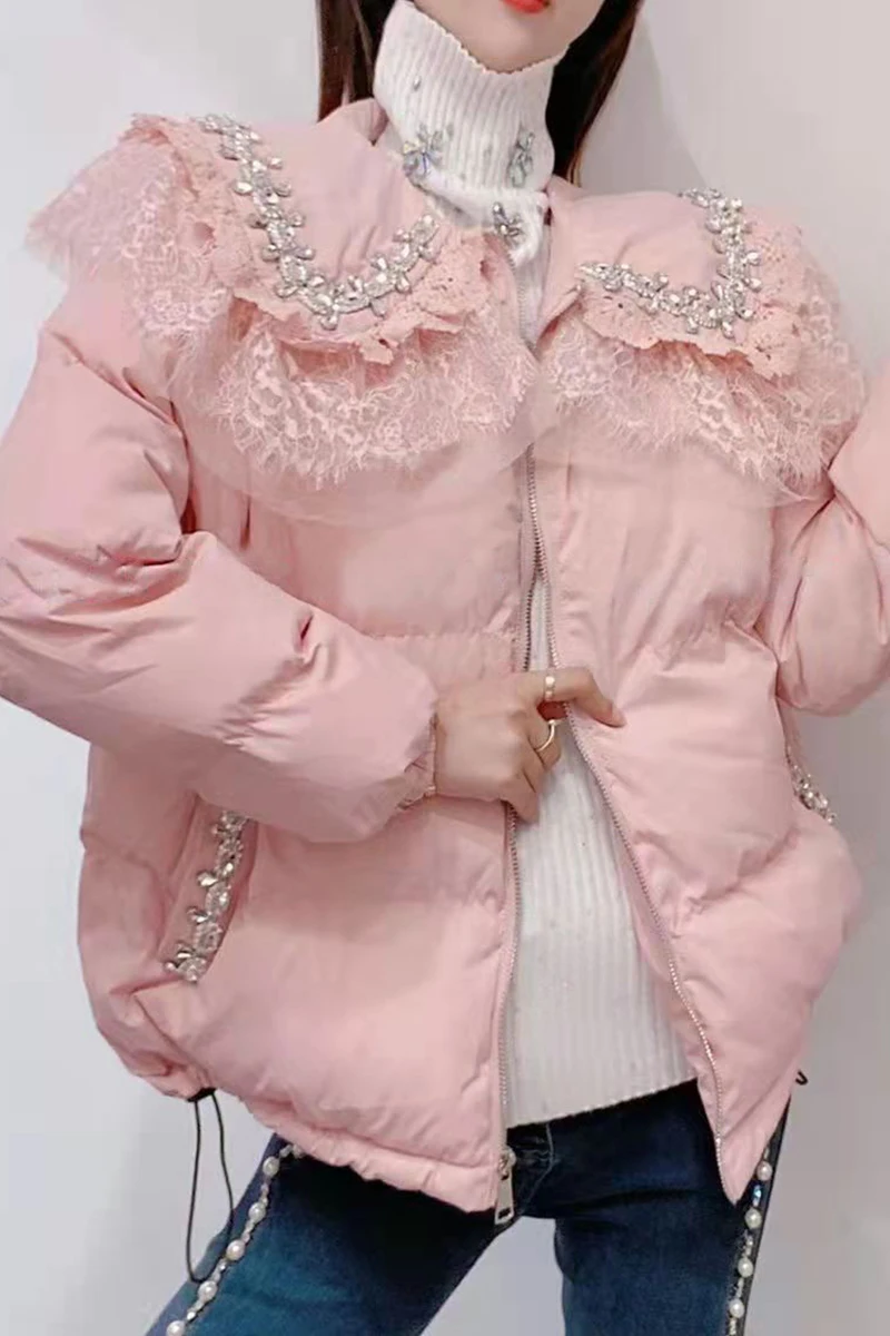Pink Cotton Padded Jacket Women's Winter Korean Style Sweet Rhinestone Parkas Lady Lace Stitching Thickened Warm Coat enlarge