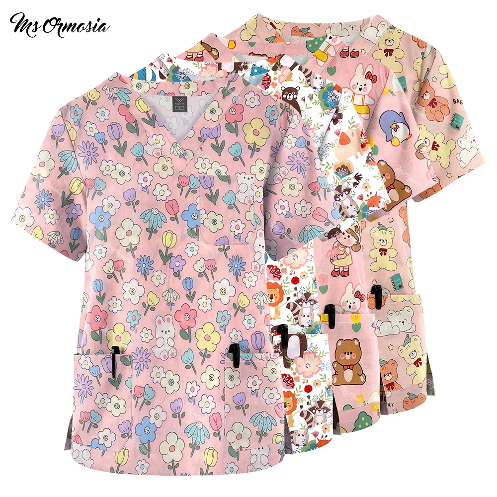 Flower Printing Clinical Uniform Tops Woman Beauty Salon Work Clothes Surgical Costume for Men Medical Uniforms T-shirt