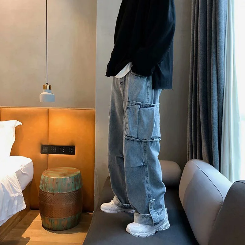 Autumn Winter Korean Streetwear Hip Hop Denim Trousers Male Jeans Denim Vintage Loose Cargo Pants Casual Baggy Wide Leg Jeans