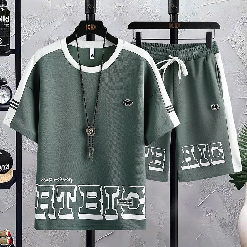 Casual Sports Suit Men's Summer Fashion Brand Fashion Letters Short-Sleeved Men's Suit with Handsome Teen Clothes