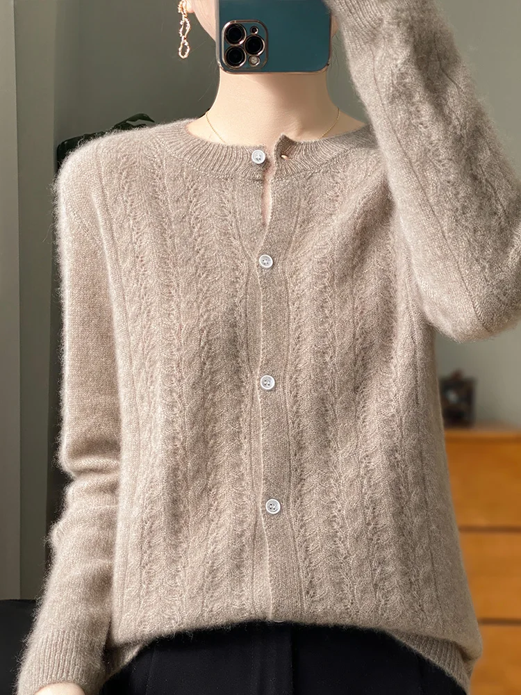 Женский шерстяной кардиган Свободный вязаный свитер с круглым вырезом и длинным