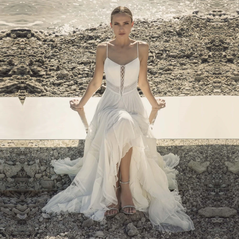 

Qcenkeren Wedding Dresses Spaghetti Straps A Line Chiffon Lace Women Bridal Gowns Boho korean dress vestido femininas