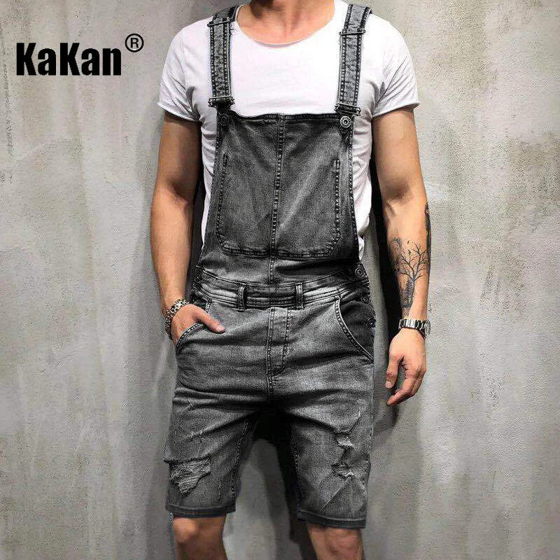 Kakan - New European and American Men's Five Piece Pants with Suspender Jeans, Black and Gray Torn Strap One Piece Jeans K34-345