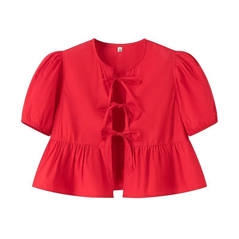 Милые женские рубашки с бантом на шнуровке и пышными рукавами повседневная
