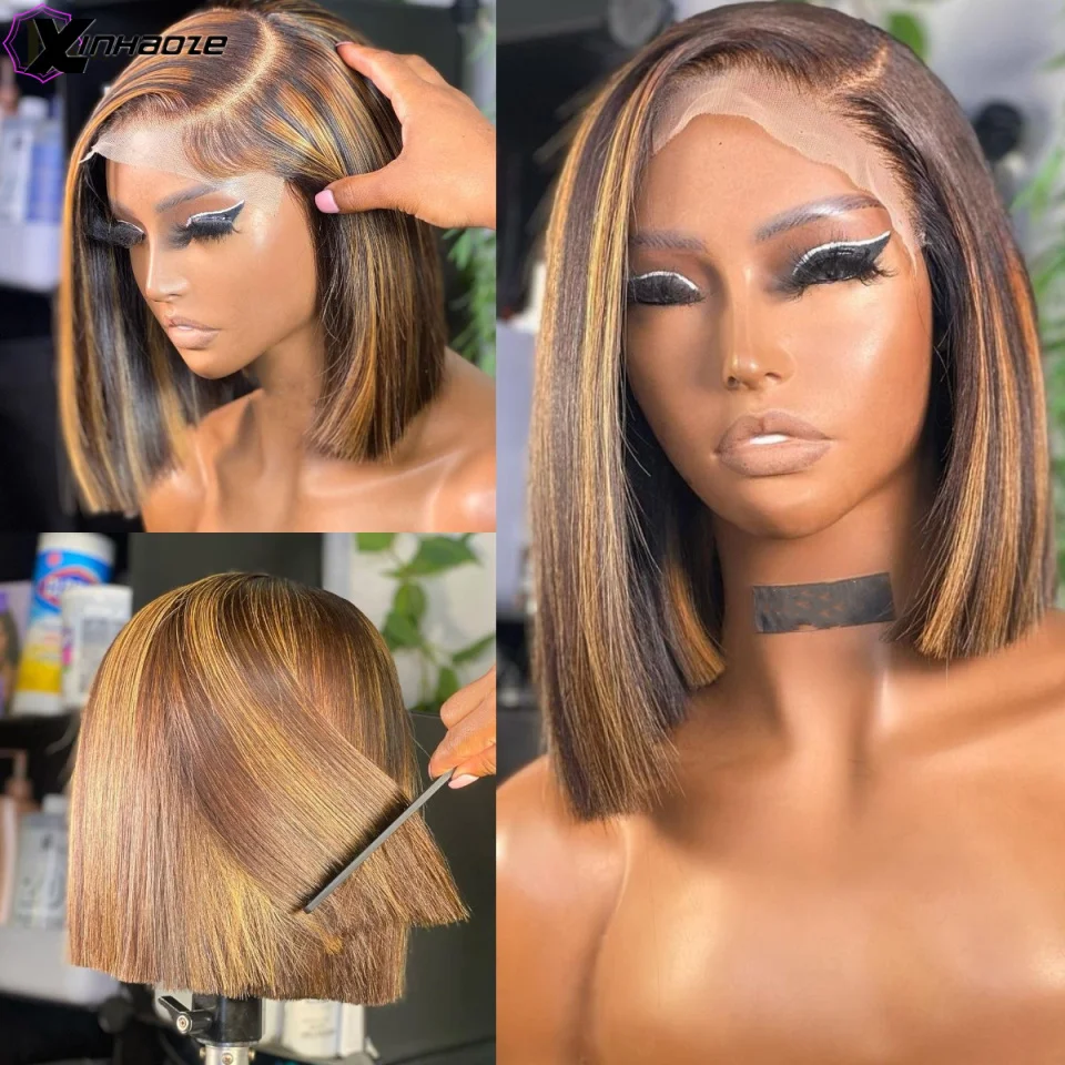 

Highlight Brown Ombre Colored Short Bob 13x6 HD Lace Front Human Hair Wigs Straight Remy Hair 5x5 Silk Top Bob Wigs 180 Density