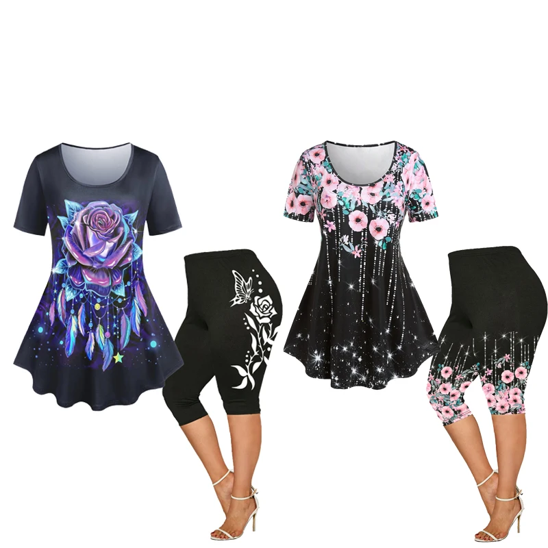 ROSEAGL Plus Size Women Outfits Matching Set 3D Butterfly Floral Printed Colorblock Tees And Capri Leggings Size Too Large Suits