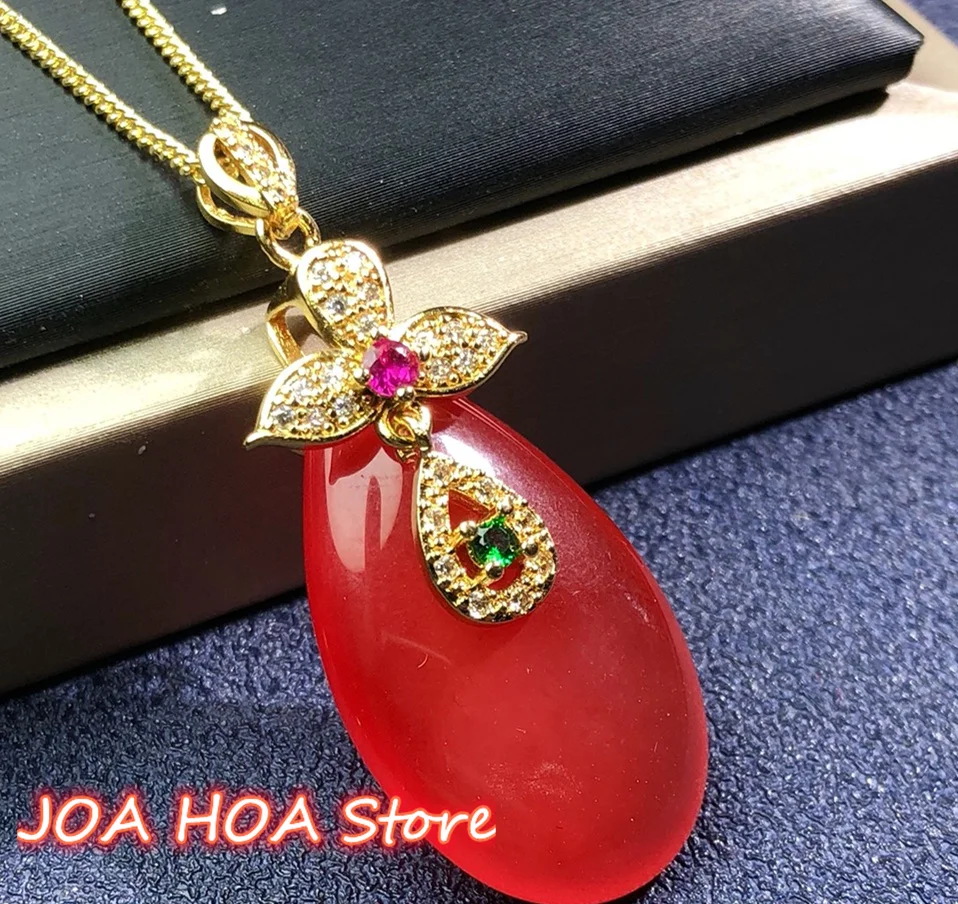 

Classic Red Gold-plated Inlay Natural Chalcedony Jade Necklace Fine Jewelry Accessories With Chain