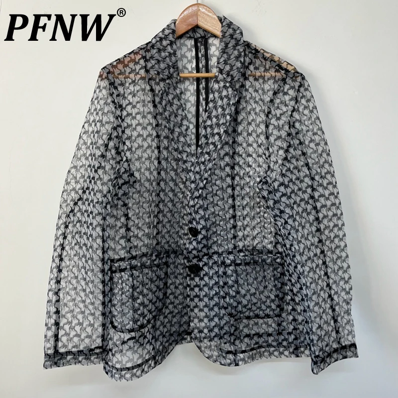 

PFNW Summer Men's Darkwear Check Print Perspective Blazers Coat Tide Sun Protection Layered Niche Design Breathable Tops 12Z1476