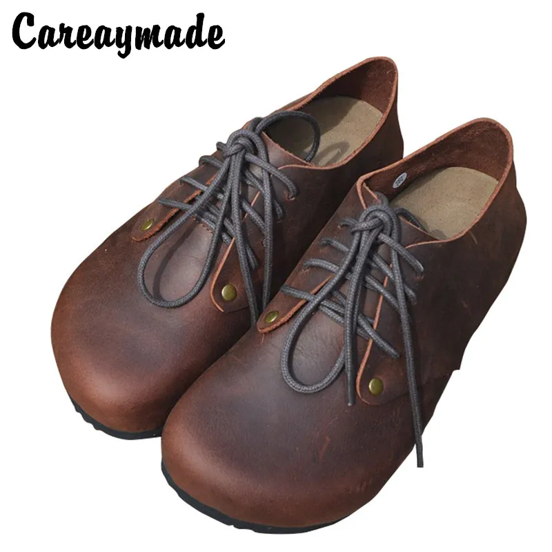 Careaymade-Genuine Leather women's single shoes cork low top shoes Crazy Horse Cowhide retro big head flat shoes big size 35-45