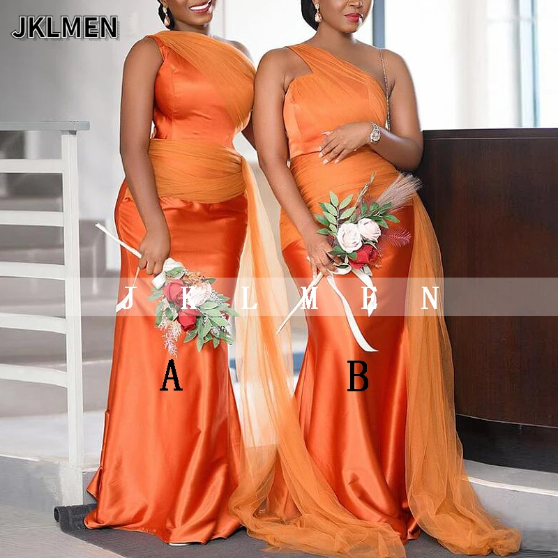 

Orange Tulle Straps Satin Mermaid Bridesmaid Dresses Lace-up Back Maid of Honor Dresses for Weddings Vestido Dama De Honor