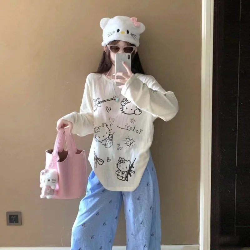 Футболка Sanrioed женская с длинным рукавом тонкая свободная повседневная рубашка