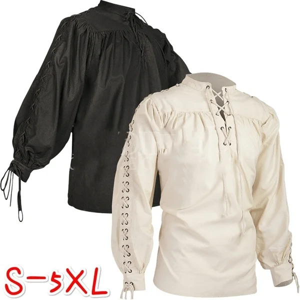 High Quality Fashion Men Bandage Long Sleeve Medieval Renaissance Shirt Gothic Man Warrior Tshirt Plus Size S-5XL