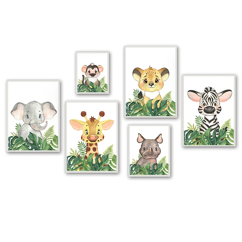 Настенная картина &quotЛев слон жираф зебра носорог монстера&quot