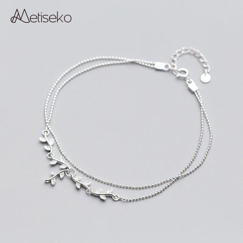 

Metiseko 925 Sterling Silver Double Layers Anklet Bracelet for Women Tree Branch Leaves & Silver Beads Chain Anklet Foot Beach