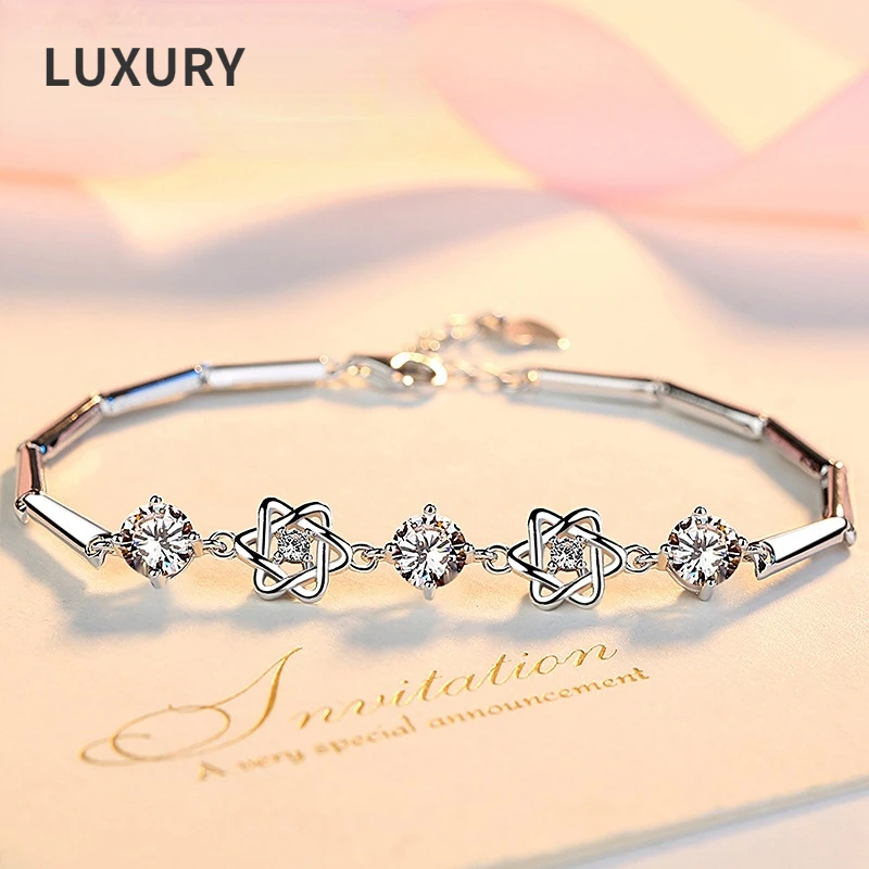 

Luxury S925 Sterling Silver White Gold Six-Pointed Star AAA Zircon Fashion Bracelets For Girls Birthday Party Fine Jewelry Gifts