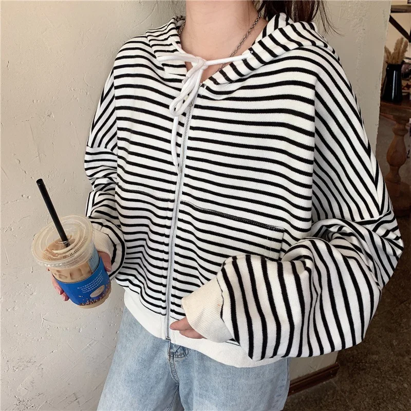 Women's Loose Versatile Striped Hoodie Zipper Cardigan Jacket 2022 Autumn Long Sleeve Drawstring Coat Ladies Street Wear Outside