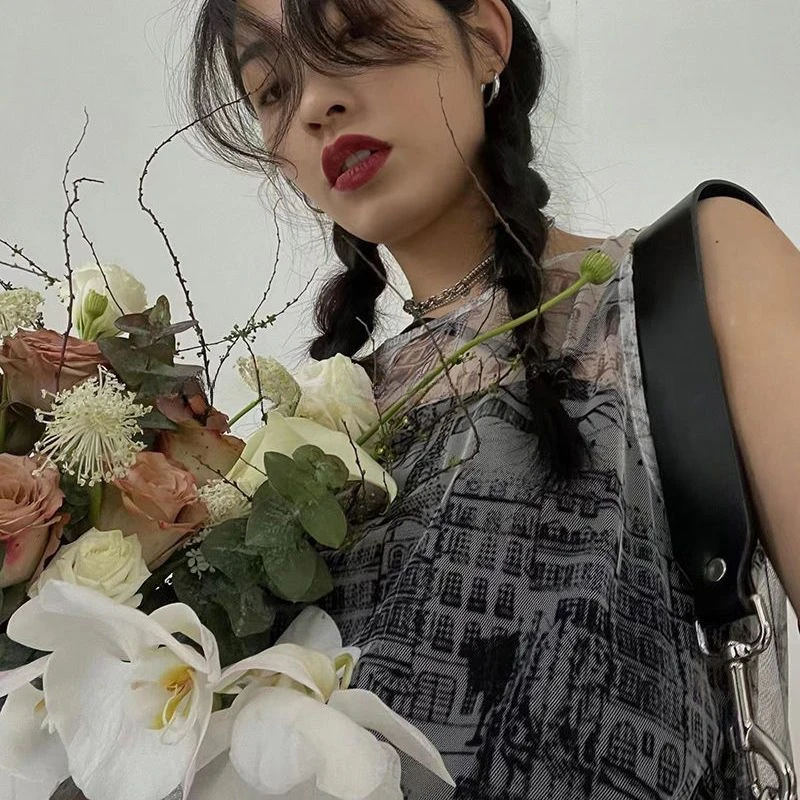 Сетчатое платье миди женская уличная одежда тонкая летняя новая мода милые