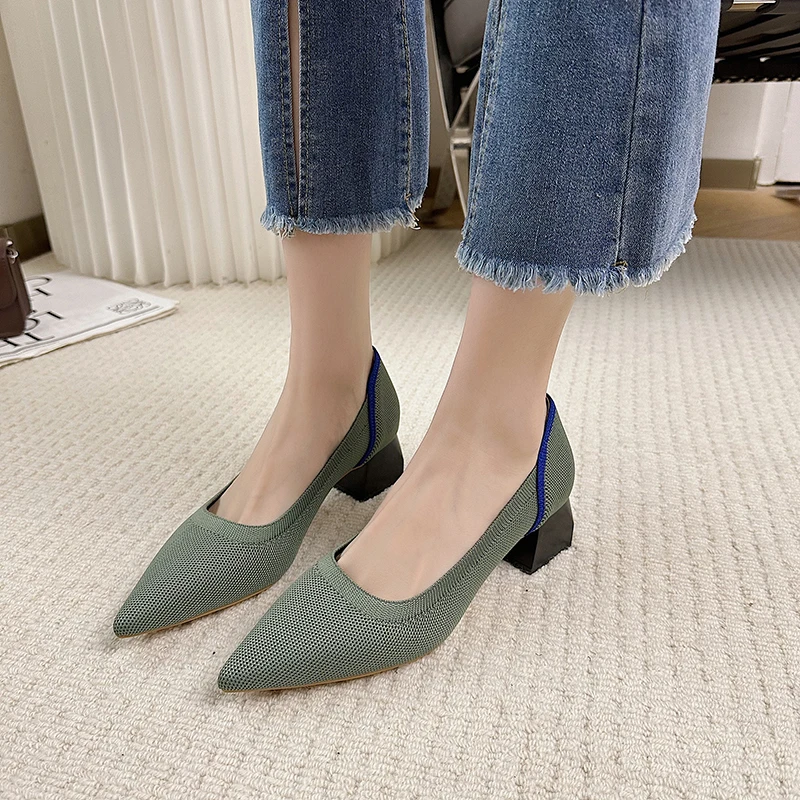 

Туфли женские с острым носком, Повседневная дышащая вязаная обувь на высоком квадратном каблуке, разные цвета