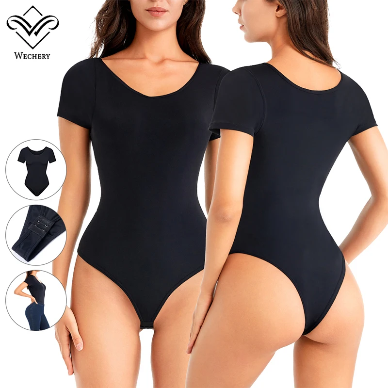 Black Skinny Bodysuit Short Sleeve Women Body Streetwear Sexy Bodycon Shapewear Top Stretch Waist Shaper