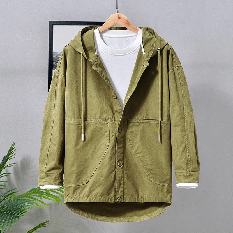 

Men Clothing 2022 Fall Drawstring Hooded Casual Windbreaker Men's Retro Youth Loose Cotton Top Solid Color Jacket