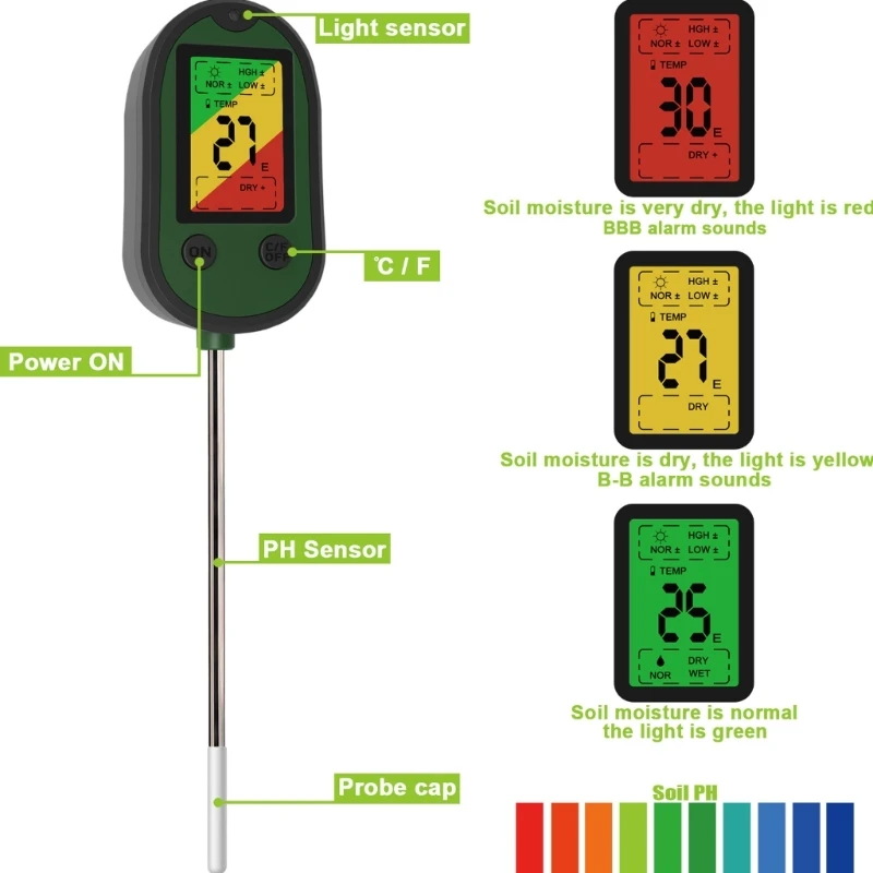 

5-in-1 Digital Soil PH Meter Indoor Outdoor Hygrometer Probe Tester House Gardening Farm Lawn Farm Plant Care Soil Test KXRE