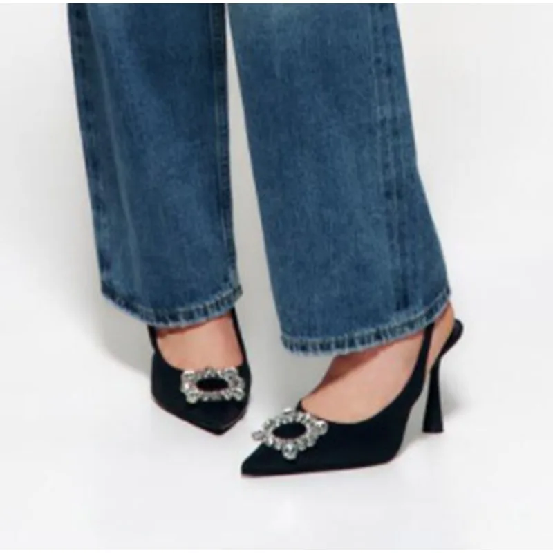 

Новинка 2022, модные женские мюли на высоком каблуке ZR, классические черные пятнистые элегантные сандалии с острым носком и ремешком с пряжко...