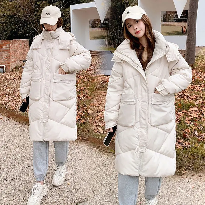 2023 Korean Jacket Women Winter X-long Parkas Solid Hooded Thicken Warm Female Snow Wear Coat Padded Loose Clothes Tops S81