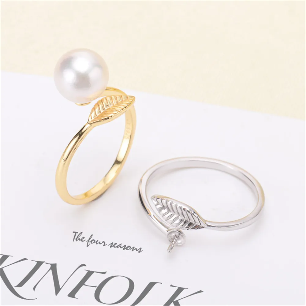 

DIY Pearl Ring Settings S925 sterling silver accessories leaf style K gold ring holder is suitable for mounting 7-9mm beads