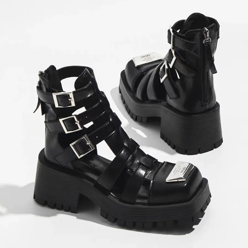 

FAFA Metal Iron Piece Design Sense Niche Sandals Female 2023 Summer New Back Zipper Square Head Thick With Roman Sandals