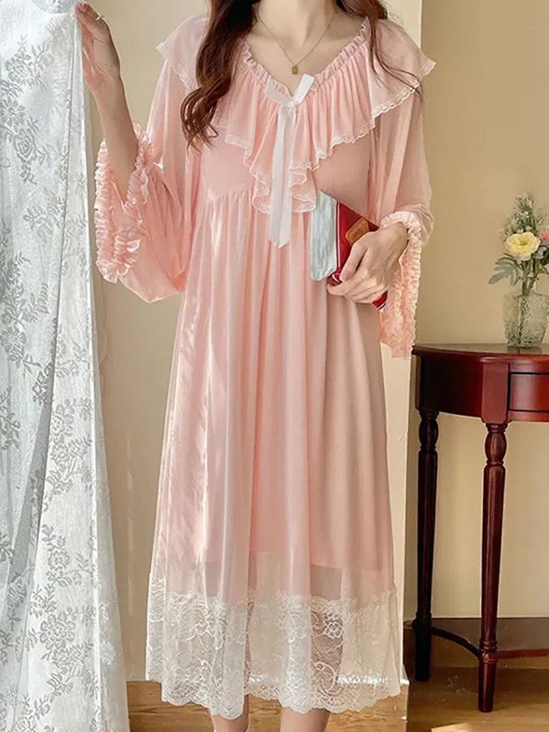 

Женская сетчатая винтажная ночная рубашка с оборками в стиле "Лолита", Женская Весенняя кружевная ночная сорочка из чистого хлопка в викторианском стиле, одежда для сна