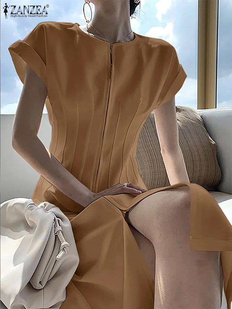 

Платье ZANZEA женское с коротким рукавом, модная однотонная длинная рубашка с поясом, с круглым вырезом, без завязок, праздничное вечернее