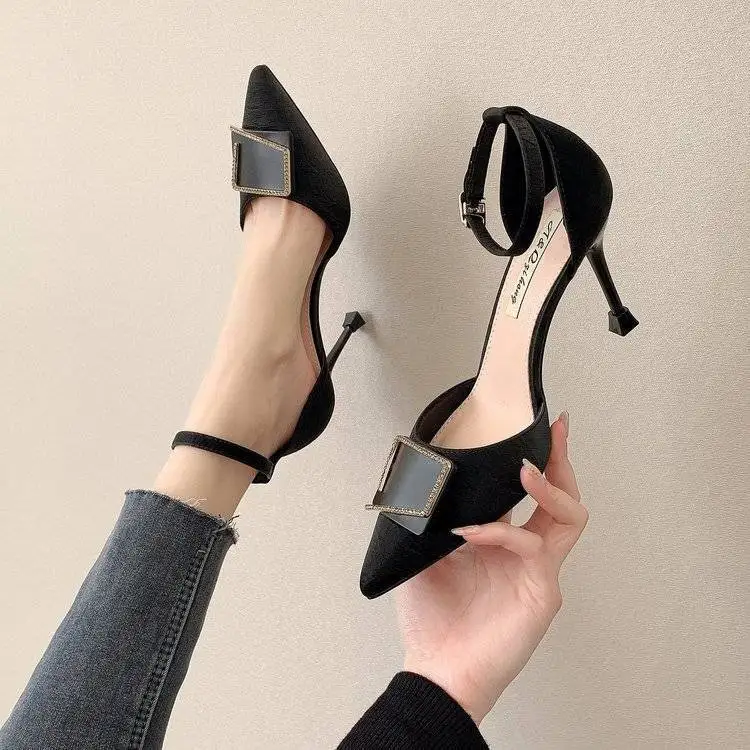 

French high-heeled shoes design niche style 2022 new pointed stiletto rhinestone one word buckle temperament single shoe hollow