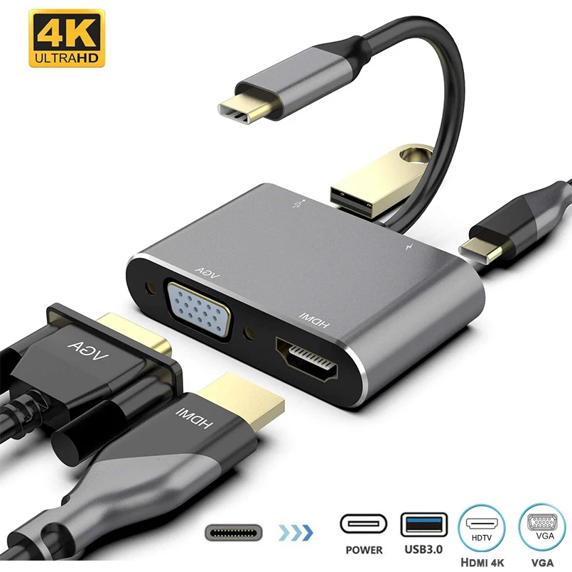 

USB C to 4K HDMI VGA Adapter 4-in-1 Hub USB 3.0 OTG Charging Power PD Port Compatible for MacBook Pro/Dell XPS/Samsung Galaxy