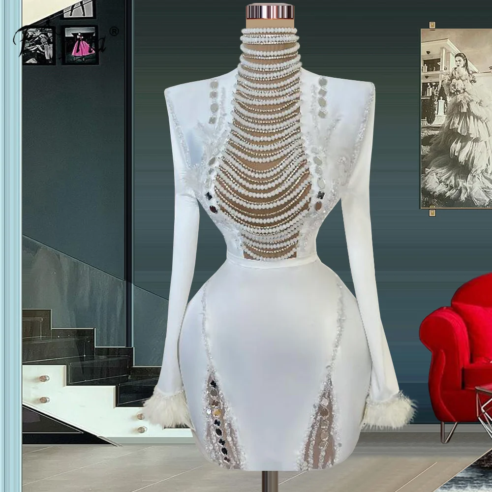 

Ivory Pearls Beaded Prom Dresses Long Sleeve Crystals Tassel Feather Short Evening Dress Arabia High Neck Cocktail Party Gown