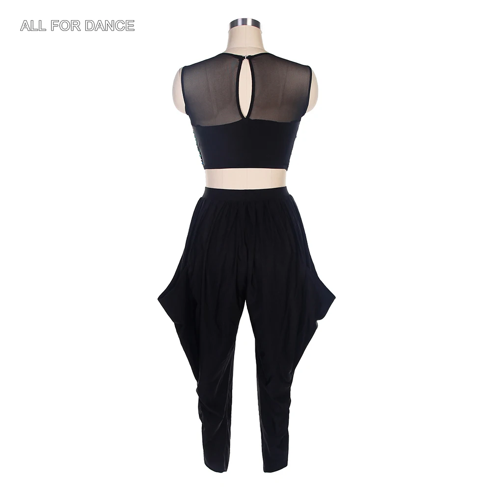 18037 Зеленый танцевальный топ с блестками и черной сеткой черные брюки для