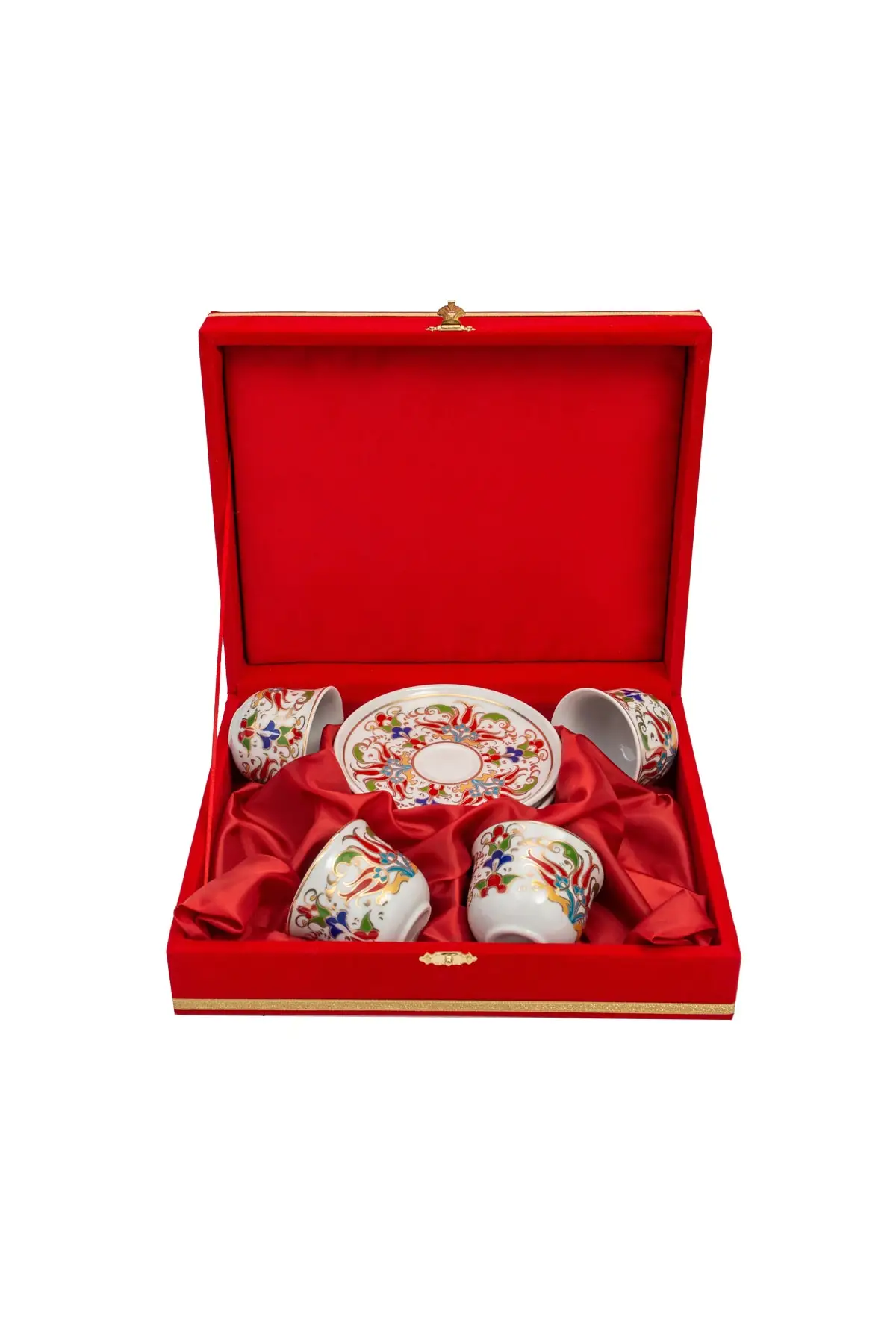 

Amazing Turkish Greek Arabic Coffee & Espresso Cup Set Corin Tulip Patterned Velvet Boxed Handle Cup Set 4pcs