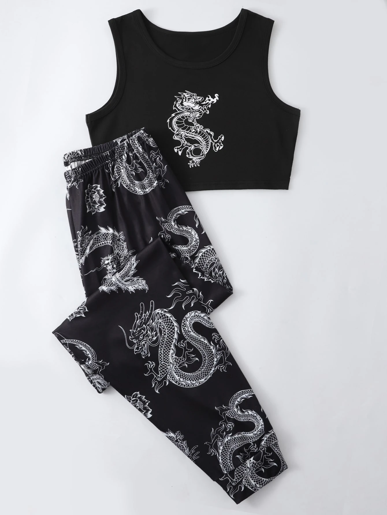 

New Chinese Dragon Print Pajama Sets for Women Suit Nighty for Ladies Hot Romantic Pajamas Sleeveless Autumn and Summer Pants