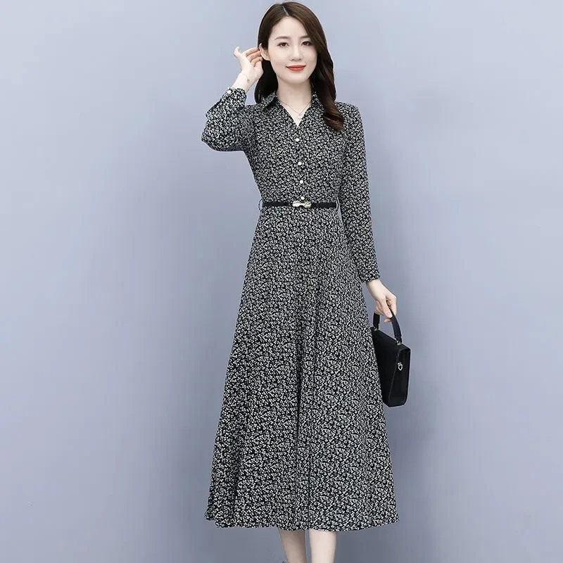 Long-sleeve FIoral Dress Women's Spring And Autumn New Fashion women's TemperAment Bottoming Mid-length Over-knee A-line Skirt