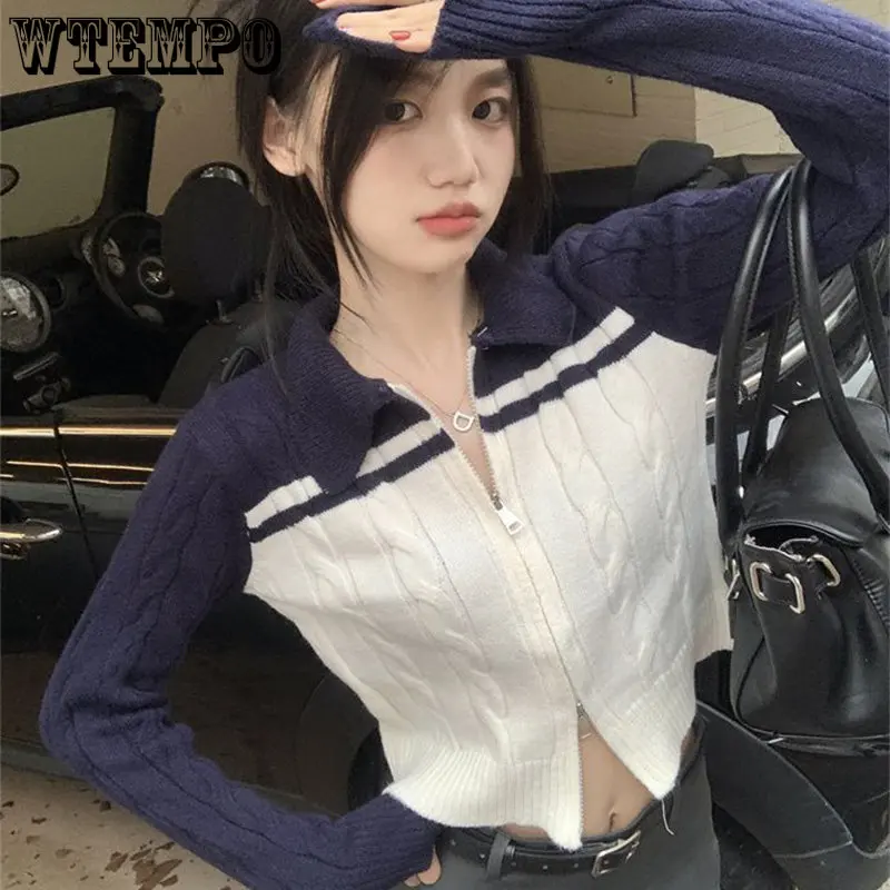 

WTEMPO Color Contrast Short Top Women's Lazy Fried Dough Twist Sweater Coat Women's Knitting Cardigan Slim and Versatile